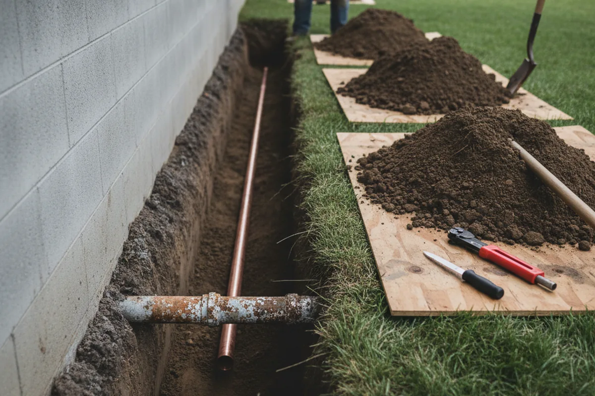 Excavated water line trench during Water Heater Repair in Milton